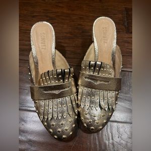 SCHUTZ Metallic Gold Studded Fringe Mules